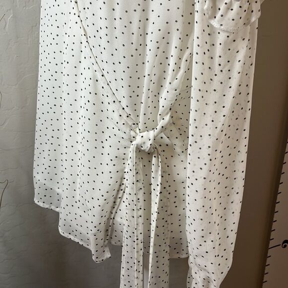 red Haute Black polkadot wrap front blouse with cold shoulder. Long sleeves. - Picture 2 of 13